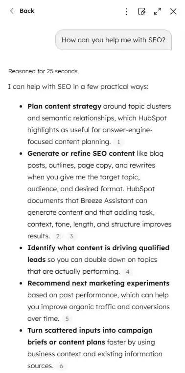 A conversation with Breeze showing how this enterprise-grade SEO AI tool can help with SEO.
